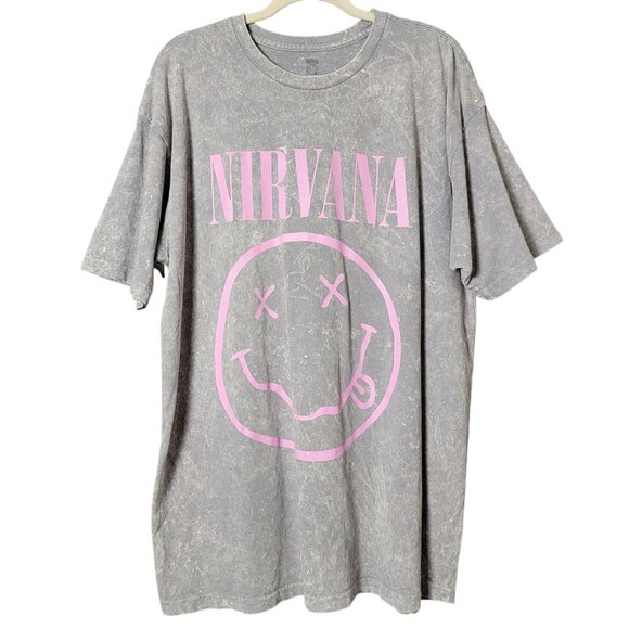 Nirvana Womens Gray Mineral Acid Wash Pink Smiley Face Graphic Band T-Shirt XL - Picture 1 of 6